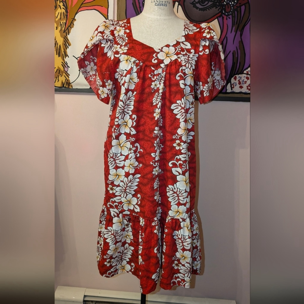 Vintage Hawaiian Red Floral Midi Dress